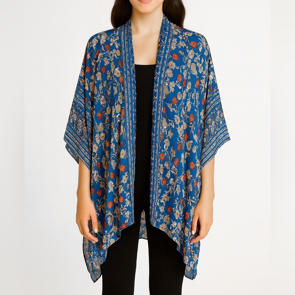 MaxStudio Blue Floral Kimono Jacket Open Front Boho Lightweight Layering S NWT